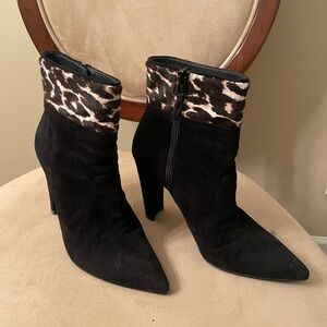 Leopard Trim Black Suede Ankle Boots